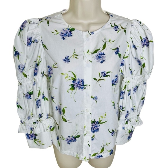Les Reveries Elizabeth Shirt In Lavender Hydrangea White M Puff Sleeves Prairie - Picture 3 of 11